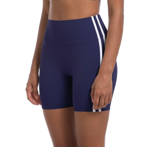 Navy blue high-waisted yoga shorts with side white stripes for athletic fitness wear