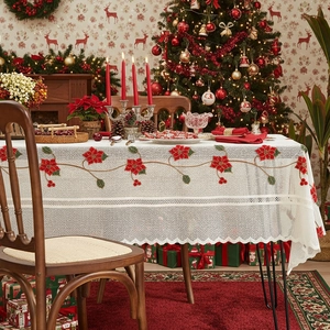White lace rectangular tablecloth with Christmas flower embroidery and scalloped edges