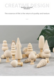 Detailed group shot of unfinished natural wood mushrooms and miniature trees on linen fabric