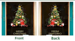 Double-sided Merry Christmas tree static cling window decal showing front and back views