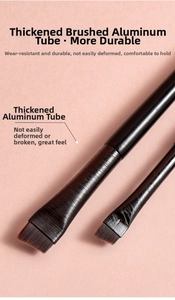 Detail of thickened brushed aluminum ferrule and angled brown synthetic bristles