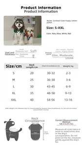 Detailed size chart for pet cotton jacket showing back length and chest measurements