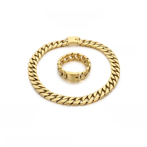 Detailed specs of gold stainless steel Cuban chain necklace and bracelet jewelry set