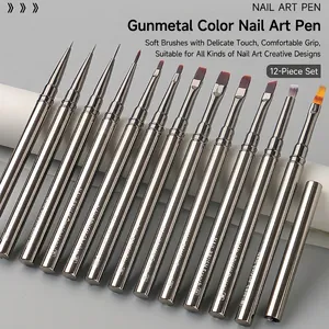 Professional Nail Art Brushes Metal Handle Synthetic Fiber Painting Drawing Flower Liner UV Gel Carving Detail Tools