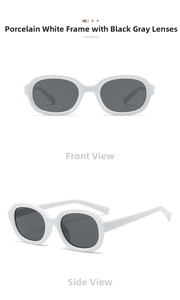 Front and side views of oval porcelain white sunglasses with dark grey lenses