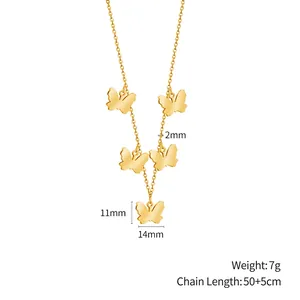 Minimalist gold butterfly necklace with five pendants, 50cm adjustable chain, 7g weight