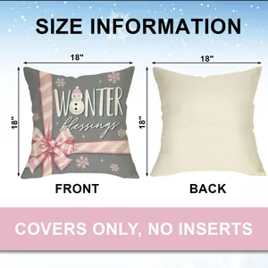 Winter pillow cover 18x18 inch size guide showing front snowman print and beige back