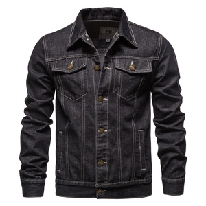 Men's dark blue washed denim jacket with lapel collar and chest pockets in a flat layout