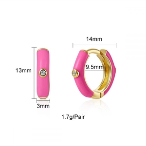 Minimalist s925 silver rose pink enamel C-shaped hoop earrings with a small diamond accent