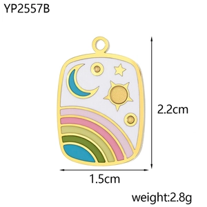 Detail of a rectangular gold pendant with enamel moon, sun, and rainbow motifs