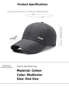 Size chart for men's baseball cap showing adjustable strap, brim length, and crown depth