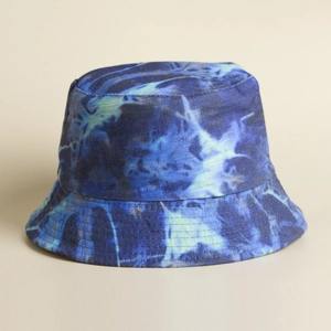 Wende-Anglerhut mit Tie-Dye-Graffiti-Muster in Blau und Weiß mit breiter Krempe