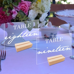 Detailed view of acrylic wedding table numbers 18 and 19 with wooden stands