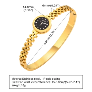 Detailed size chart of a 14.8mm gold stainless steel bangle watch for 15-18cm wrist size