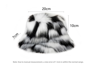 Detailed dimensions of cow print faux fur bucket hat with height and width measurements