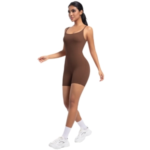 Brown slim fit yoga bodysuit with thin straps and ergonomic cut for fitness training