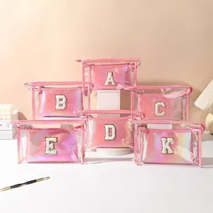 Pink laser holographic makeup bag set with transparent PVC layer and sequin letters