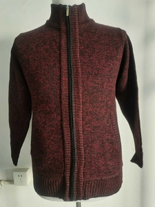 Macro detail of men's stand collar knit cardigan with burgundy mixed-color texture
