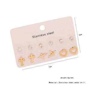 6 pairs of gold stainless steel stud earrings with heart, cross, and rhinestone designs