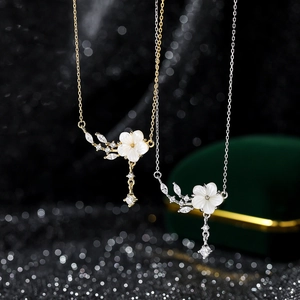 Flower Pendant Necklace 925 Sterling Silver Mother Of Artificial Pearl Zircon Peach Blossom Leaf Clavicle Chain Elegant Women Gift