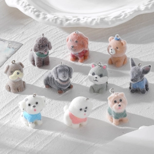 Flocked Resin Animal Charms Cute Cartoon Dog Bear Shapes With Metal Loop For DIY Jewelry Making Keychain Pendants