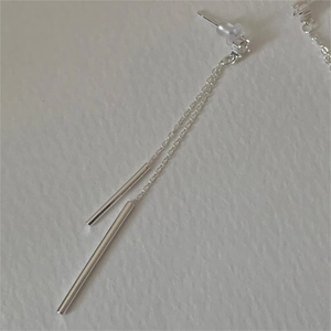 Elegant 925 sterling silver long tassel chain earrings with minimalist cylindrical bar pendants