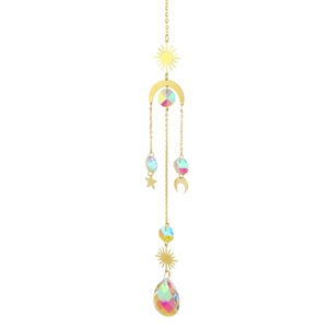 Golden sun moon star crystal wind chime with colorful rainbow suncatcher beads