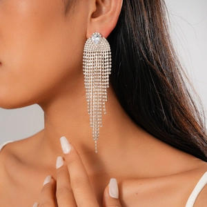 Close-up of elegant silver tassel earrings with shimmering crystals on a model