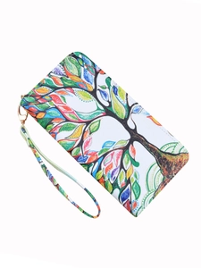 Long faux leather zipper wallet for women featuring a colorful tree of life print with wristlet
