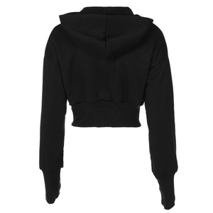 Back view of a cropped black zip-up hoodie with ribbed cuffs and knitted fabric detail