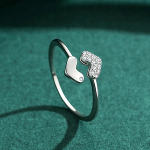 Adjustable S925 sterling silver ring with double heart design and sparkling pavé crystals