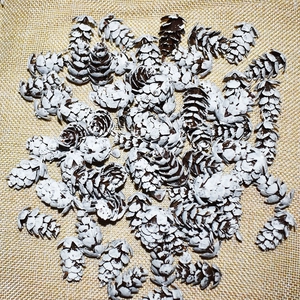 White frosted pine cones on burlap background for Christmas tree DIY hanging decoration