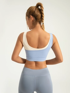 U-neck patchwork high-impact sports bra and high-waist leggings set for fitness