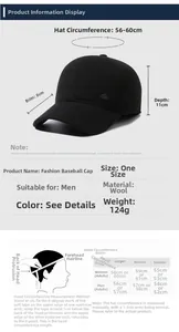 Detailed size chart for men winter baseball cap showing 56-60cm circumference and earflaps