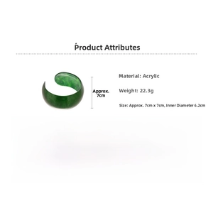 Detail view of green acrylic cuff bracelet showing 7cm outer and 6.2cm inner diameter