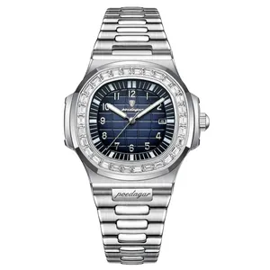 Luxury silver stainless steel men's watch with blue grid dial and diamond bezel