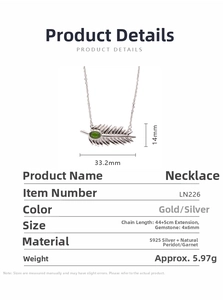 Macro detail of leaf-shaped S925 silver necklace with oval green gemstone and dimensions
