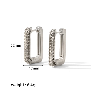 Macro detail of cubic zirconia rectangle hoop earrings with 22mm by 17mm dimensions