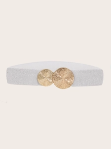 Chic silver elastic wide waist belt with decorative dual gold round metal buckles