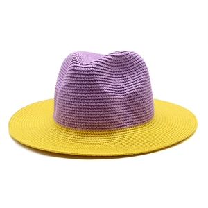 Two-tone wide brim Panama straw hat with purple crown and yellow brim for sun protection