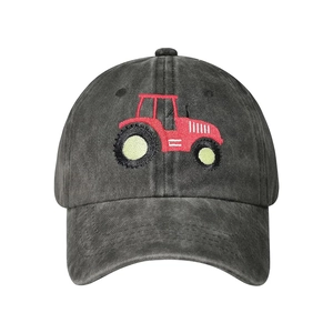 Washed charcoal grey cotton baseball cap featuring detailed red tractor embroidery