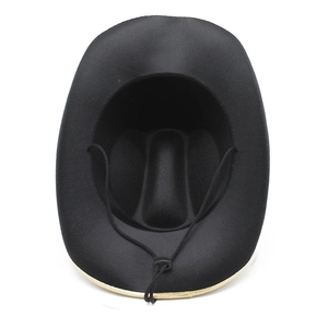 Detail of black cowboy hat with gold trim edging and adjustable drawstring cord
