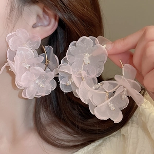 Floral Hoop Earrings With Organza Flower And Silver Earring Post Elegant Sweet Romantic Vacation Style Jewelry For Women