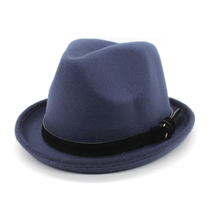 Detail view of the blue wool felt fedora with a black leather band and metal buckle