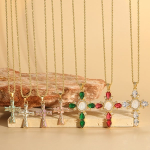 Copper Cross Pendant Necklace Women Elegant Zirconia Enamel Religious Mary Jewelry Exquisite Drip Oil Chain Neckpiece
