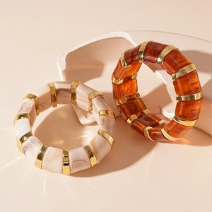 Wide Stretch Bracelet Acrylic Resin Smudge Pattern Geometric Alloy Vintage Chunky Bangle For Women Retro Fashion Jewelry