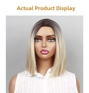 Detail of middle part ombre bob wig with black to platinum blonde gradient highlights