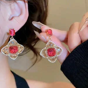 Vintage Red Crystal Flower Drop Earrings With 925 Sterling Silver Earring Post Faux Artificial Pearl Inlaid French Palace Style Jewelry