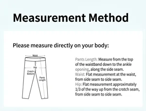 Detailed size measurement guide for high waist yoga pants showing waist and hip dimensions