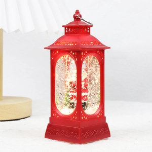 Red Christmas lantern with Santa Claus figurine and sparkling sequins for holiday decor